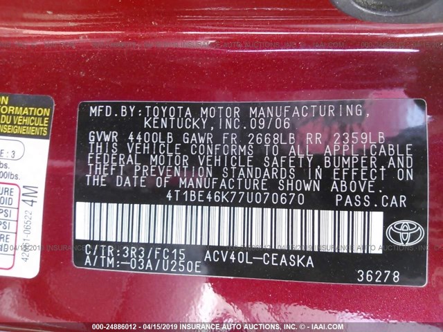 4T1BE46K77U070670 - 2007 TOYOTA CAMRY NEW GENERAT CE/LE/XLE/SE RED photo 9