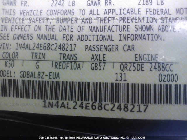 1N4AL24E68C248217 - 2008 NISSAN ALTIMA 2.5S Մոխրագույն լուսանկար 9