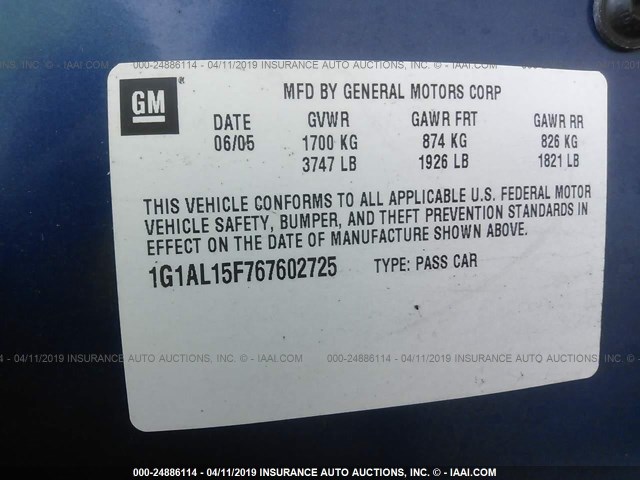 1G1AL15F767602725 - 2006 CHEVROLET COBALT LT BLUE photo 9