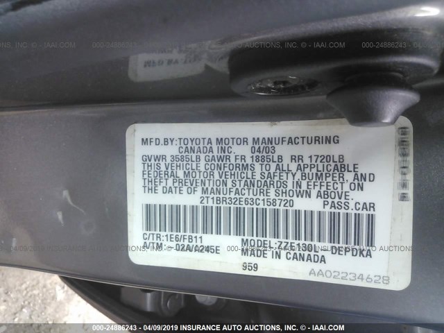 2T1BR32E63C158720 - 2003 TOYOTA COROLLA CE/LE/S TAN photo 9