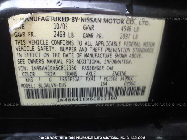 1N4BA41EX6C815360 - 2006 NISSAN MAXIMA SE/SL BLACK photo 9