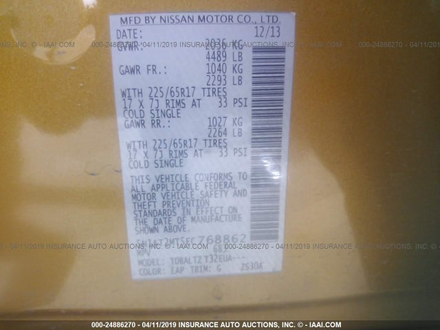 5N1AT2MT5EC768862 - 2014 NISSAN ROGUE S/SL/SV GOLD photo 9