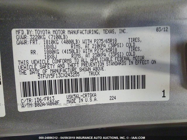 5TFUY5F13CX243255 - 2012 TOYOTA TUNDRA DOUBLE CAB SR5 SILVER photo 9