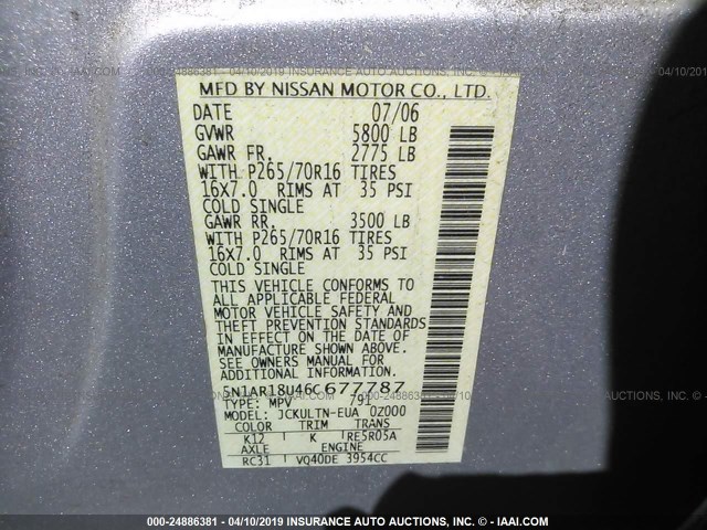 5N1AR18U46C677787 - 2006 NISSAN PATHFINDER LE/SE/XE SILVER photo 9