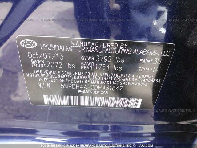 5NPDH4AE2DH431847 - 2013 HYUNDAI ELANTRA GLS/LIMITED BLUE photo 9