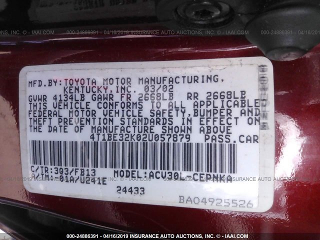 4T1BE32K02U057879 - 2002 TOYOTA CAMRY LE/XLE/SE RED photo 9