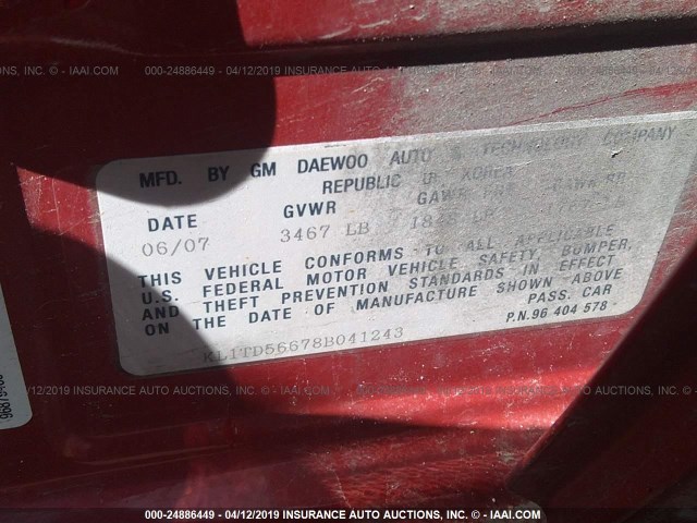 KL1TD56678B041243 - 2008 CHEVROLET AVEO LS RED photo 9