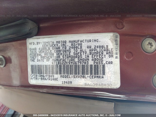 4T1BG22K9YU679703 - 2000 TOYOTA CAMRY CE/LE/XLE MAROON photo 9