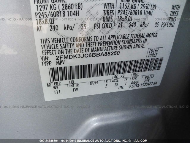 2FMDK3JC6BBA88250 - 2011 FORD EDGE SEL SILVER photo 9