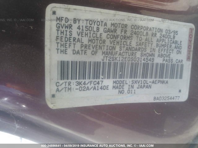 JT2SK12E0S0314549 - 1995 TOYOTA CAMRY LE RED photo 9