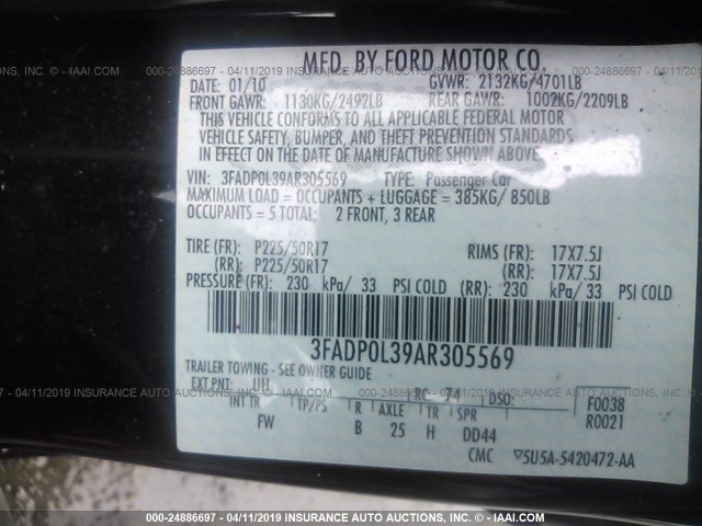 3FADP0L39AR305569 - 2010 FORD FUSION HYBRID BLACK photo 9