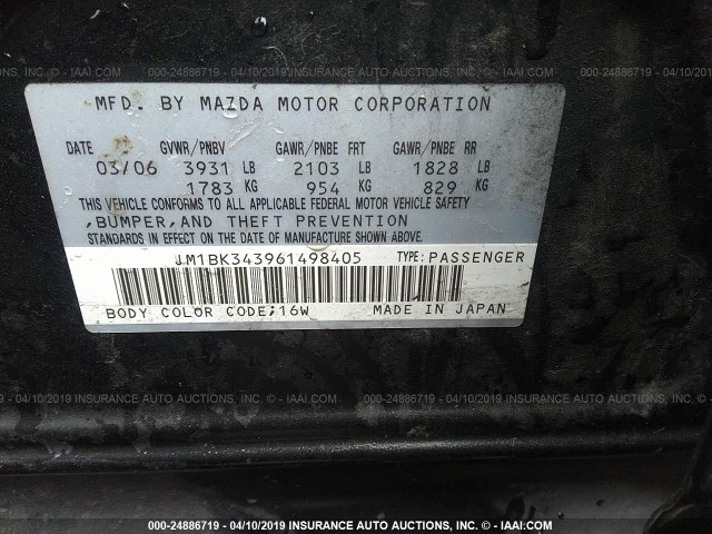 JM1BK343961498405 - 2006 MAZDA 3 HATCHBACK BLACK photo 9