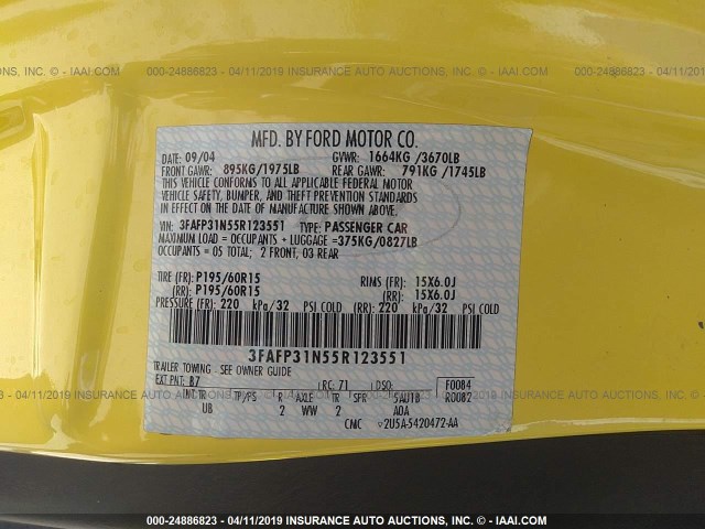 3FAFP31N55R123551 - 2005 FORD FOCUS ZX3 YELLOW photo 9