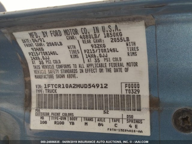 1FTCR10A2MUD54912 - 1991 FORD RANGER BLUE photo 9