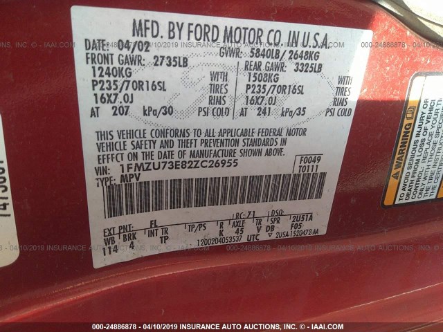 1FMZU73E82ZC26955 - 2002 FORD EXPLORER XLT RED photo 9