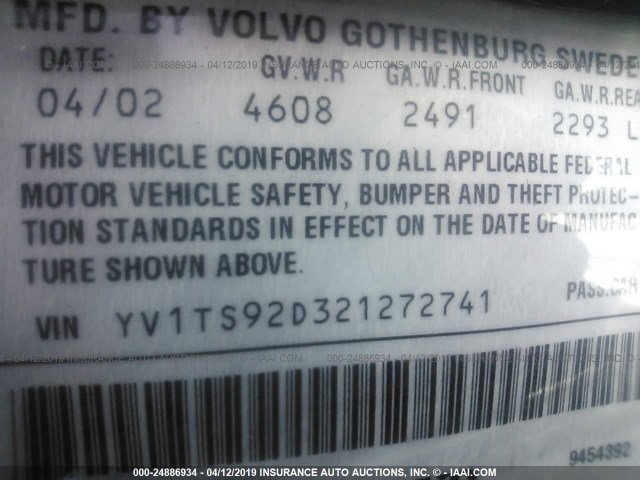 YV1TS92D321272741 - 2002 VOLVO S80 BLACK photo 9