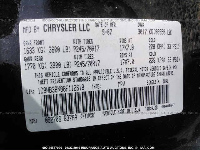 1D8HB38N88F112618 - 2008 DODGE DURANGO SXT BLACK photo 9