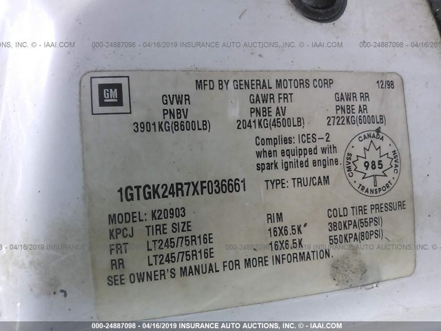 1GTGK24R7XF036661 - 1999 GMC SIERRA K2500 WHITE photo 9