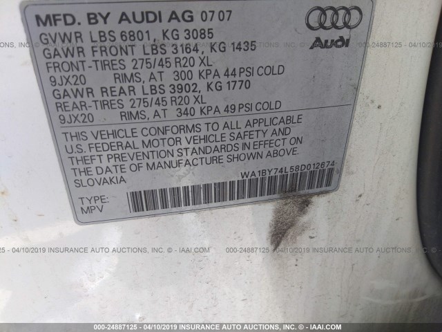 WA1BY74L58D012674 - 2008 AUDI Q7 3.6 QUATTRO PREMIUM WHITE photo 9