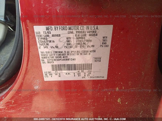 1FTSW30P34EB81240 - 2004 FORD F350 SRW SUPER DUTY RED photo 9