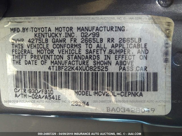 4T1BF22K4XU082525 - 1999 TOYOTA CAMRY LE/XLE Grau Foto 9