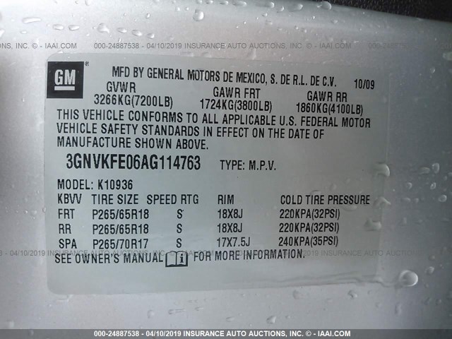 3GNVKFE06AG114763 - 2010 CHEVROLET AVALANCHE LT SILVER photo 9