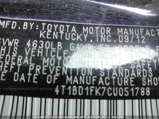 4T1BD1FK7CU051788 - 2012 TOYOTA CAMRY HYBRID/LE/XLE BLACK photo 9