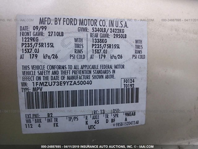 1FMZU73E9YZA50040 - 2000 FORD EXPLORER XLT GOLD photo 9