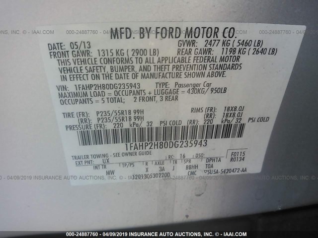 1FAHP2H80DG235943 - 2013 FORD TAURUS SEL SILVER photo 9