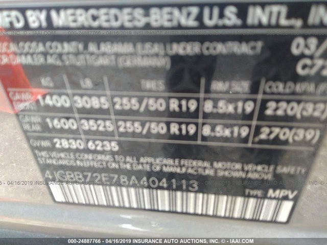 4JGBB72E78A404113 - 2008 MERCEDES-BENZ ML 550 WHITE photo 9