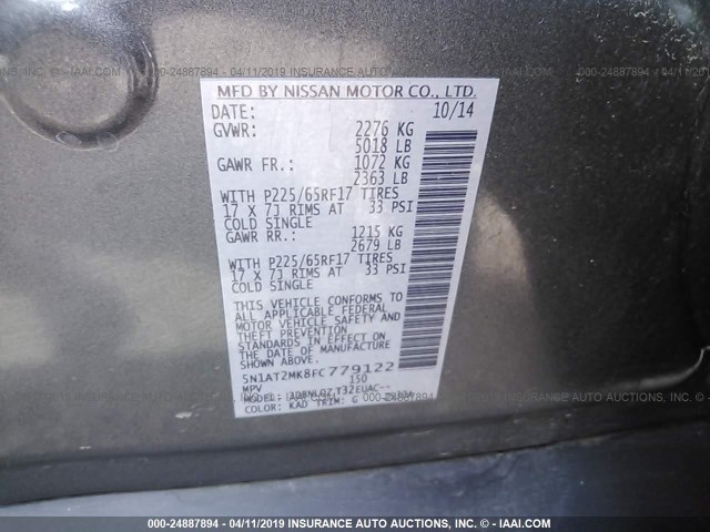 5N1AT2MK8FC779122 - 2015 NISSAN ROGUE S/SL/SV GRAY photo 9