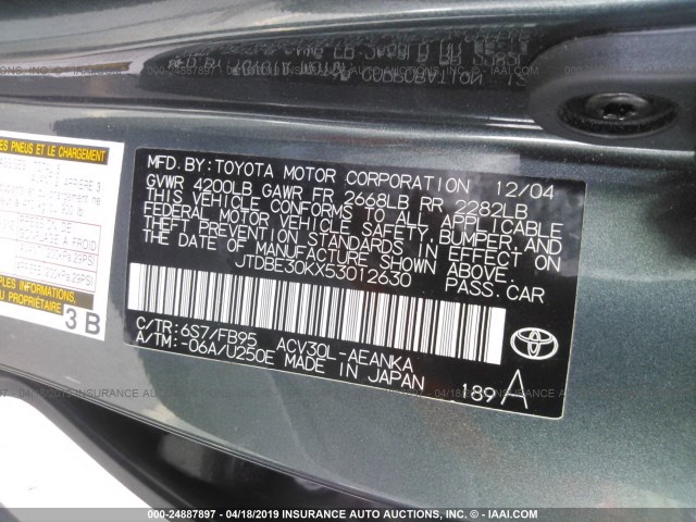 JTDBE30KX53012630 - 2005 TOYOTA CAMRY LE/XLE/SE GREEN photo 9