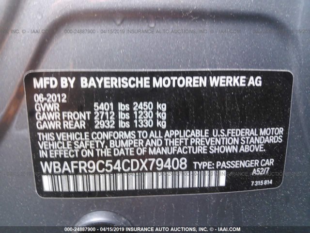 WBAFR9C54CDX79408 - 2012 BMW 550 I GRAY photo 9