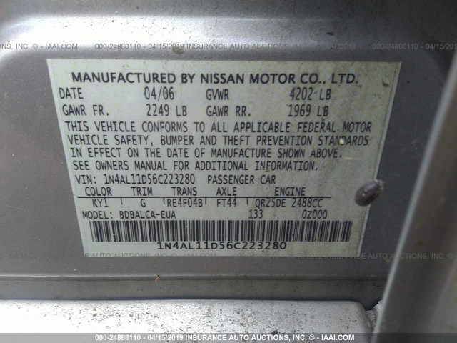 1N4AL11D56C223280 - 2006 NISSAN ALTIMA S/SL SILVER photo 9