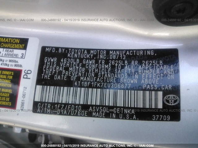4T1BF1FK7EU306677 - 2014 TOYOTA CAMRY L/SE/LE/XLE 银色 照片 9