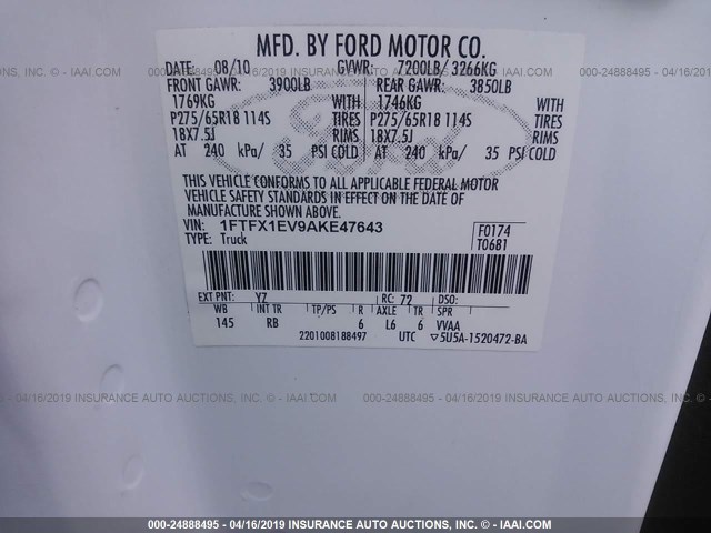 1FTFX1EV9AKE47643 - 2010 FORD F150 SUPER CAB WHITE photo 9