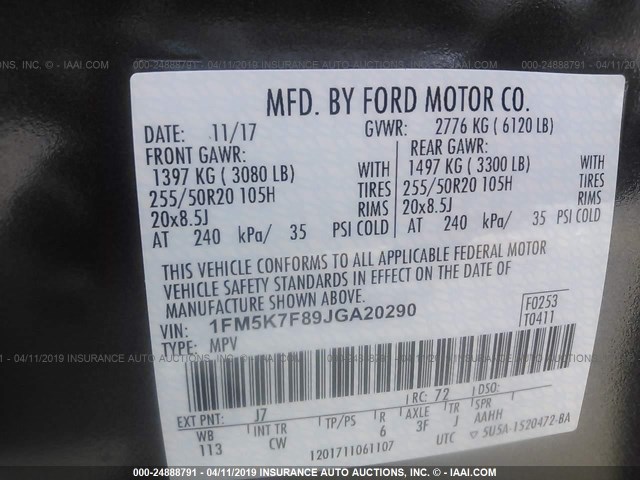 1FM5K7F89JGA20290 - 2018 FORD EXPLORER LIMITED GRAY photo 9