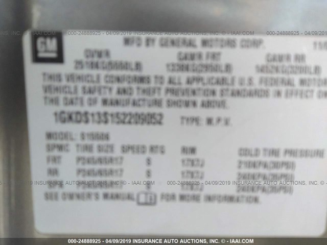 1GKDS13S152209052 - 2005 GMC ENVOY SILVER photo 9