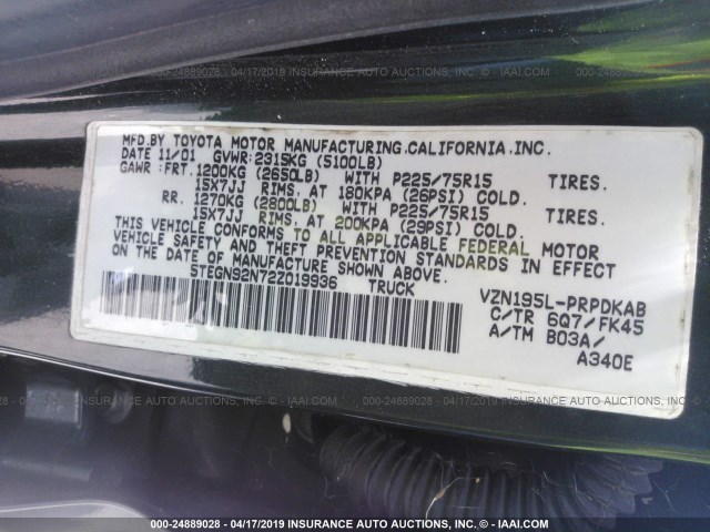 5TEGN92N72Z019936 - 2002 TOYOTA TACOMA DOUBLE CAB PRERUNNER GREEN photo 9