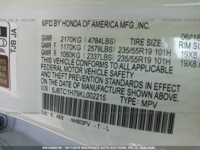 5J8TC1H79KL002215 - 2019 ACURA RDX WHITE photo 9