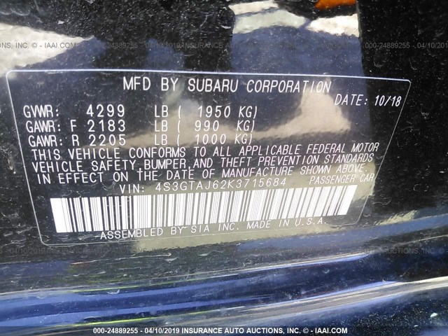 4S3GTAJ62K3715684 - 2019 SUBARU IMPREZA SPORT BLACK photo 9