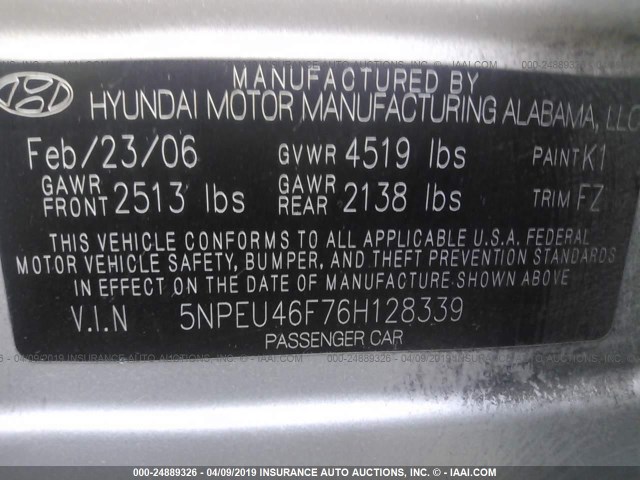 5NPEU46F76H128339 - 2006 HYUNDAI SONATA GLS/LX SILVER photo 9