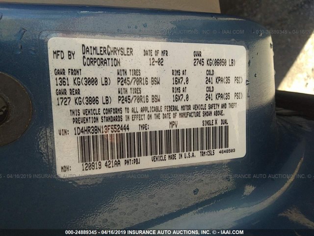 1D4HR38N13F552444 - 2003 DODGE DURANGO SPORT BLUE photo 9