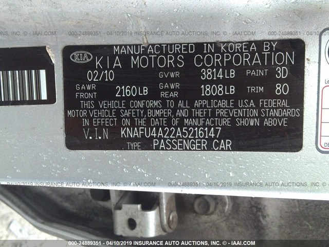 KNAFU4A22A5216147 - 2010 KIA FORTE EX SILVER photo 9