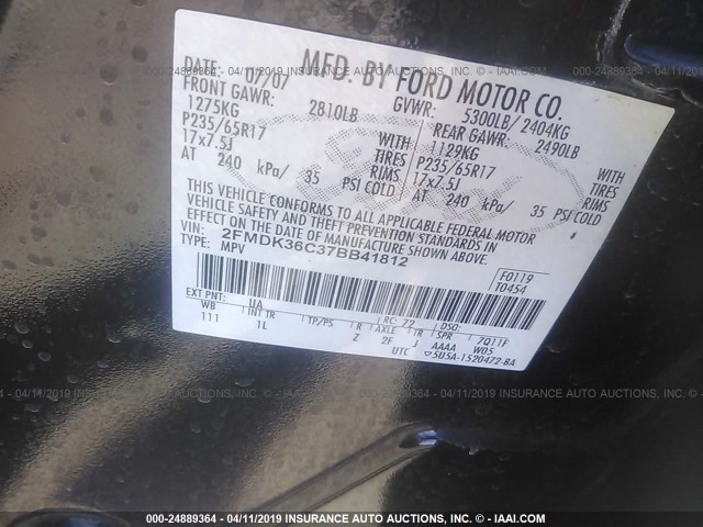 2FMDK36C37BB41812 - 2007 FORD EDGE SE BLACK photo 9