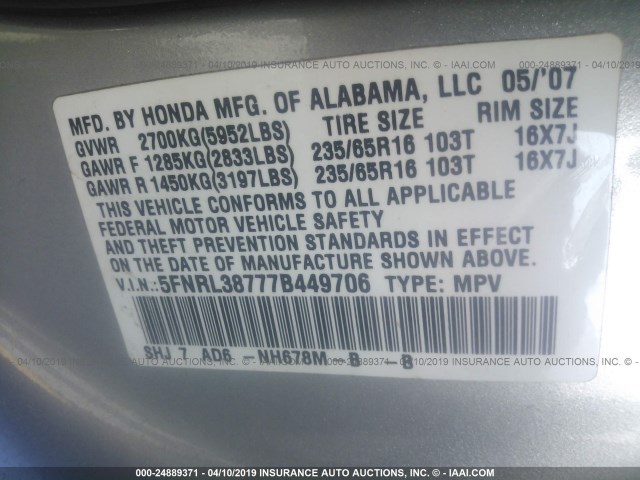 5FNRL38777B449706 - 2007 HONDA ODYSSEY EXL SILVER photo 9