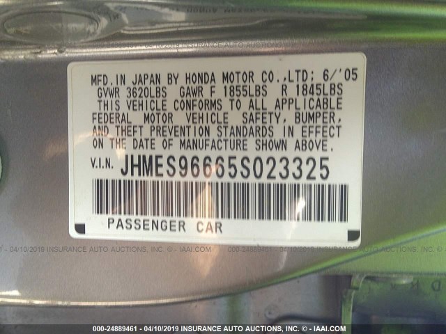 JHMES96665S023325 - 2005 HONDA CIVIC HYBRID GRAY photo 9