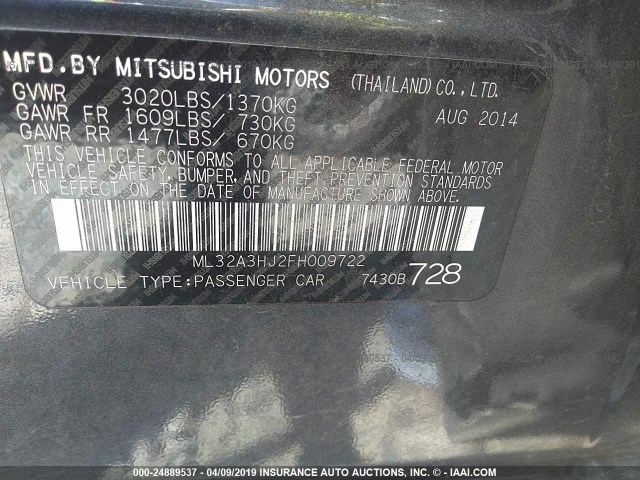 ML32A3HJ2FH009722 - 2015 MITSUBISHI MIRAGE DE GRAY photo 9