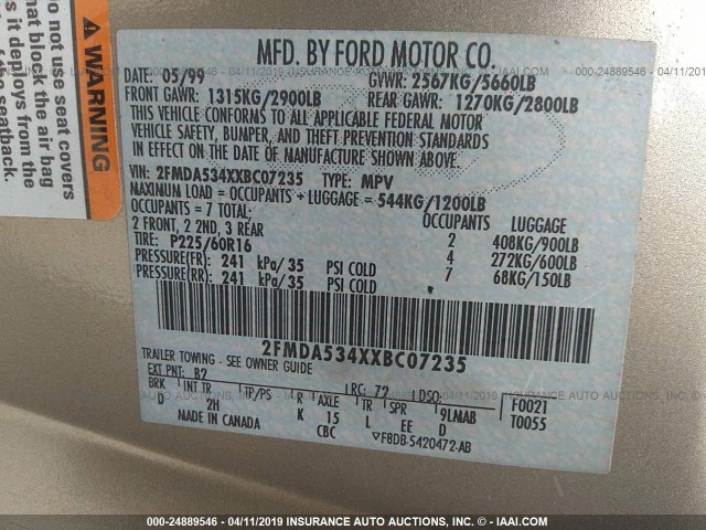 2FMDA534XXBC07235 - 1999 FORD WINDSTAR SEL GOLD photo 9