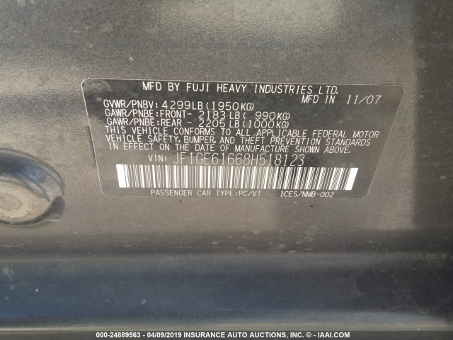 JF1GE61668H518123 - 2008 SUBARU IMPREZA 2.5I GRAY photo 9